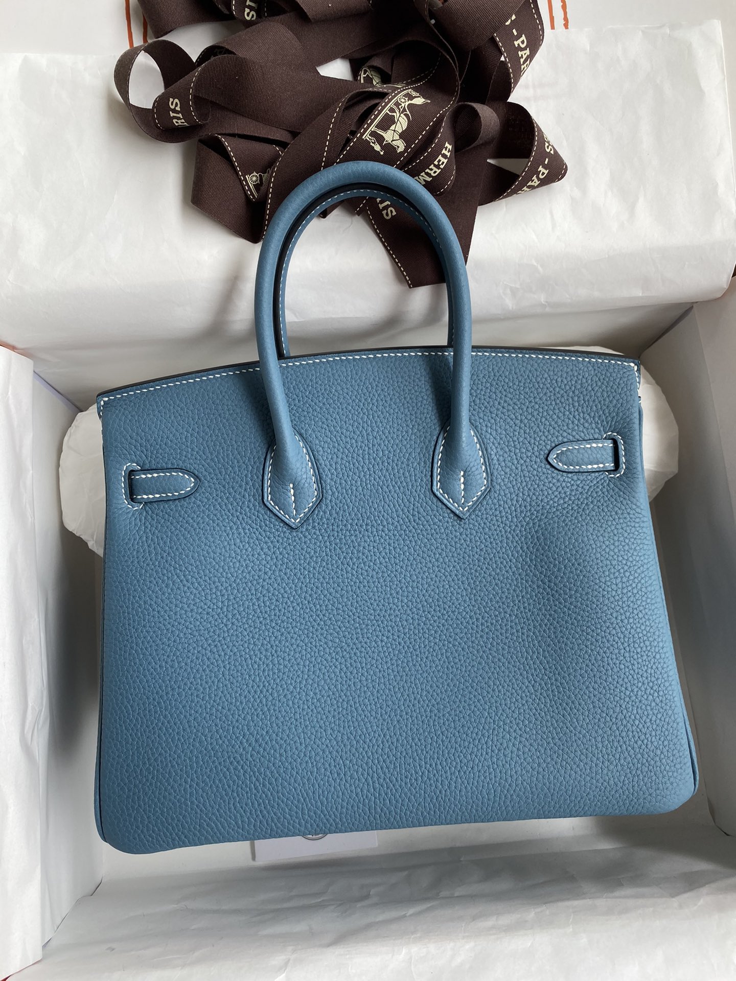 Hermes Birkin 25CM Togo Leather Handbag Blue Jean